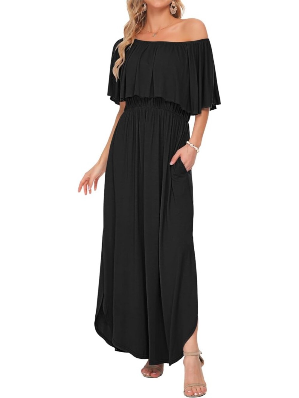 Women's Black Summer Dress Off The Shoulder Strapless Maxi Dress Ruffle Pockets